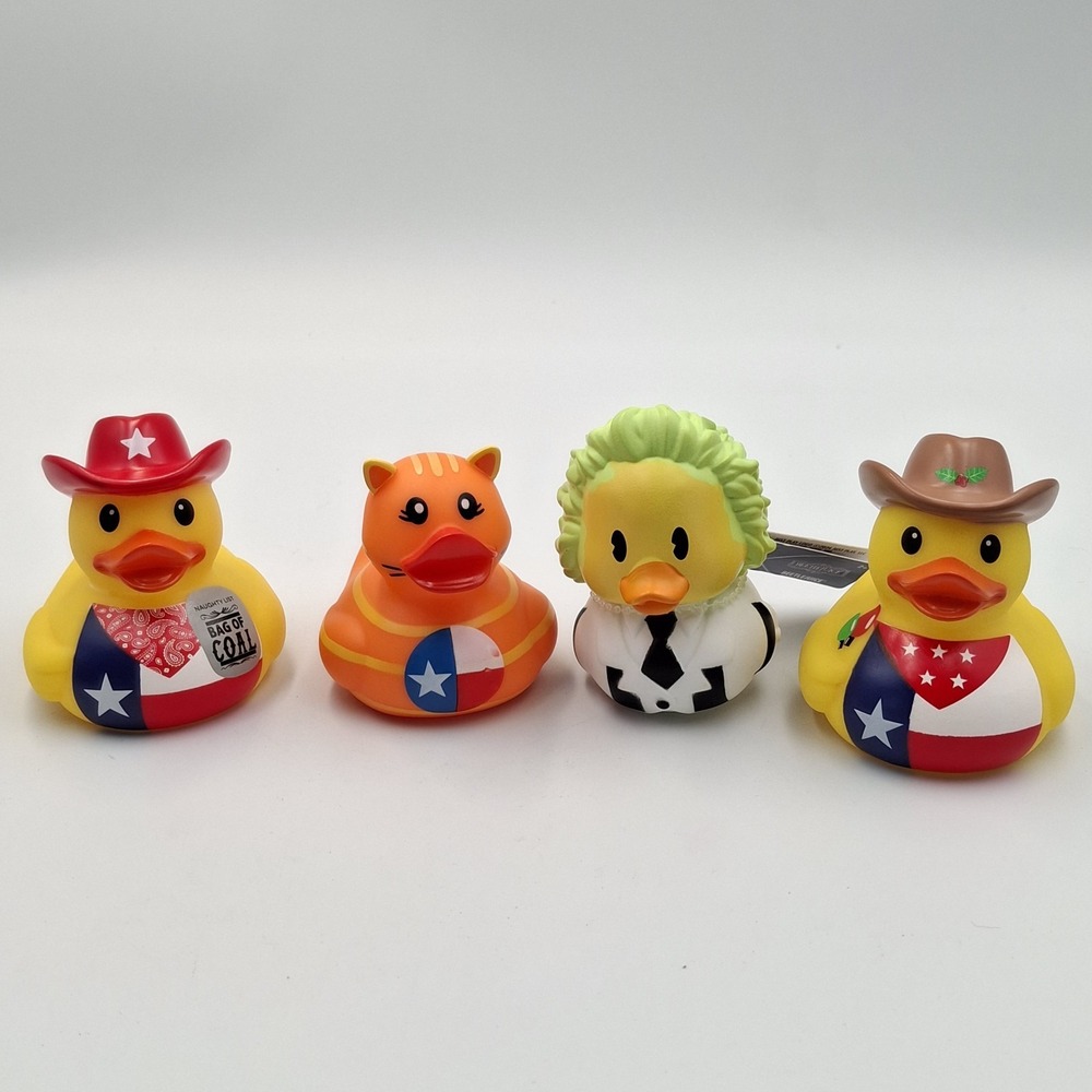 Lot of 4 Rubber Ducks Texas Cowboy Orange‎ Tabby Cat Beetlejuice Jeep Ducking